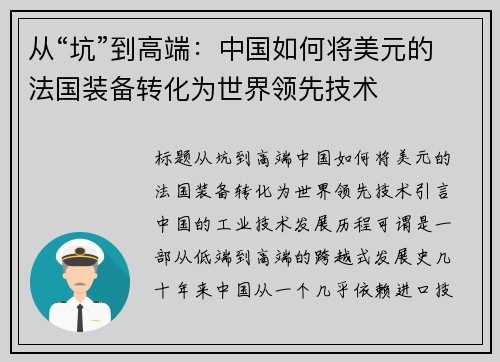从“坑”到高端：中国如何将美元的法国装备转化为世界领先技术