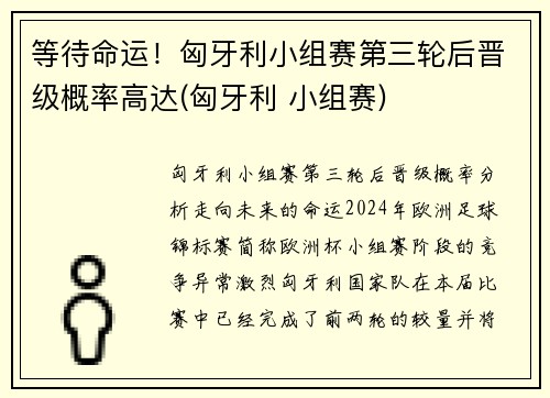 等待命运！匈牙利小组赛第三轮后晋级概率高达(匈牙利 小组赛)